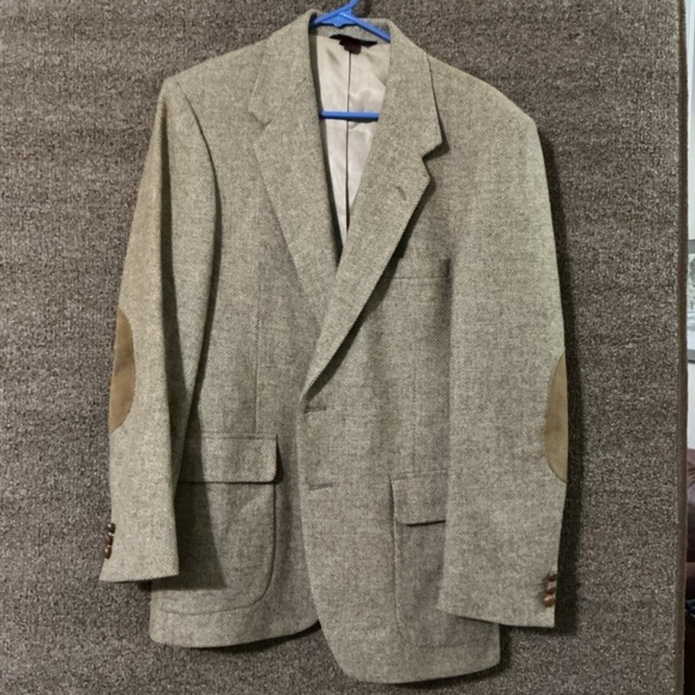Wm F Farah VTG Sport Coat Blazer Herringbone Wool Tweed 42R USA MADE Elbow Patch